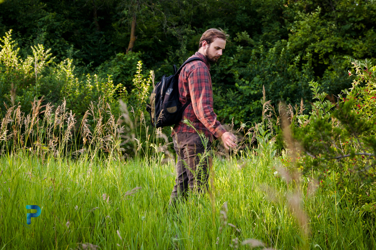 man walking through tall grass